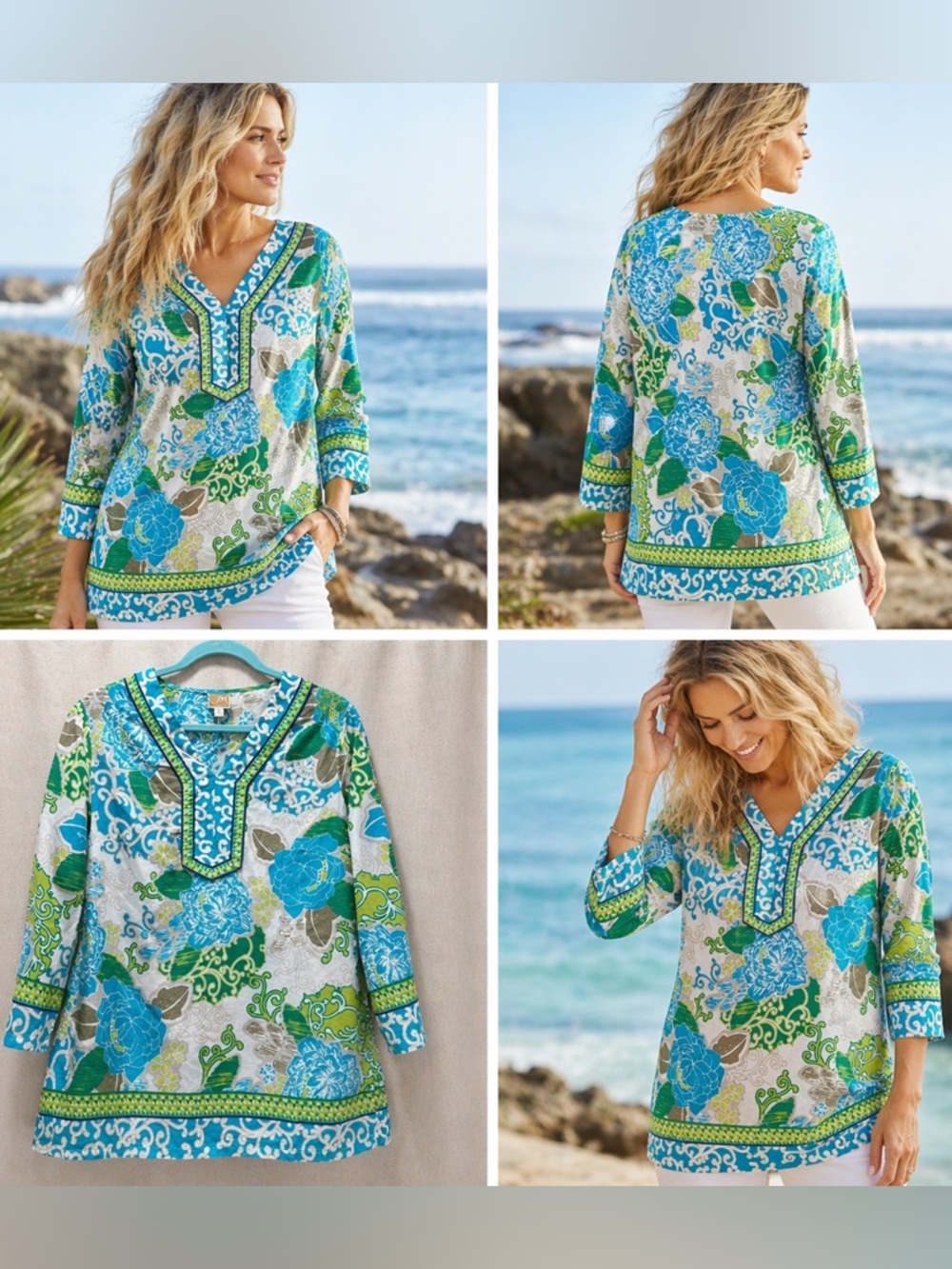 JM Collection Teal & Green Floral Tunic Top